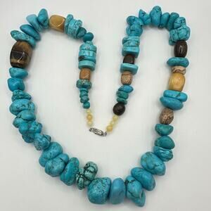 Turquoise tiger’s eye agate beaded sterling silver 30” statement necklace 331g